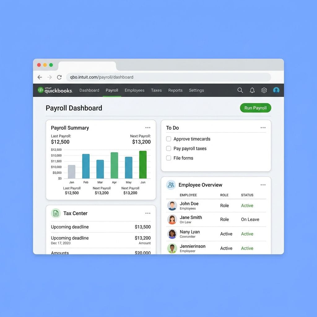 browser mockup of QuickBooks Payroll in process