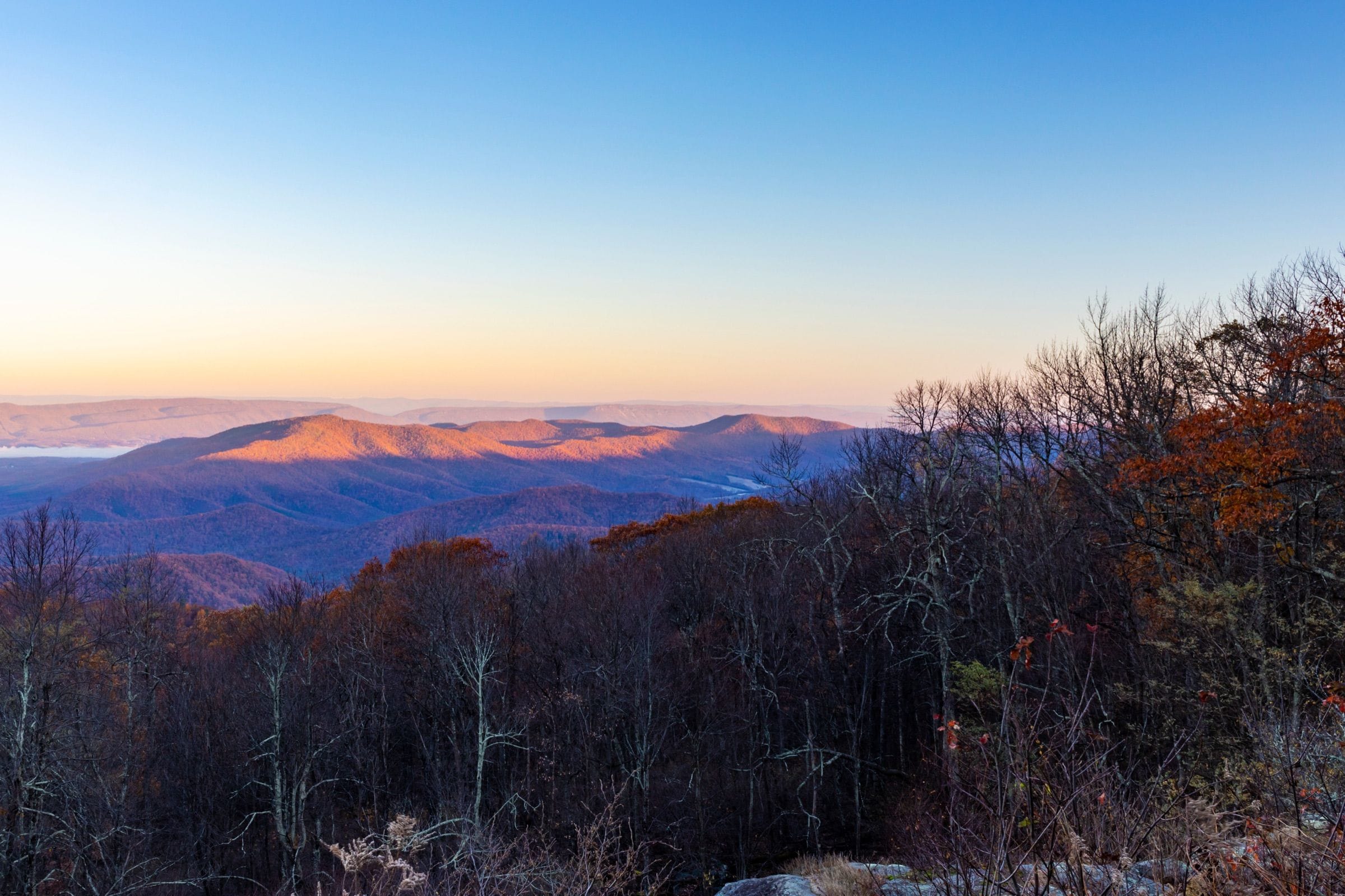 Dawn light on the ridges of Shenandoah National Park, seen from a wooded overlook